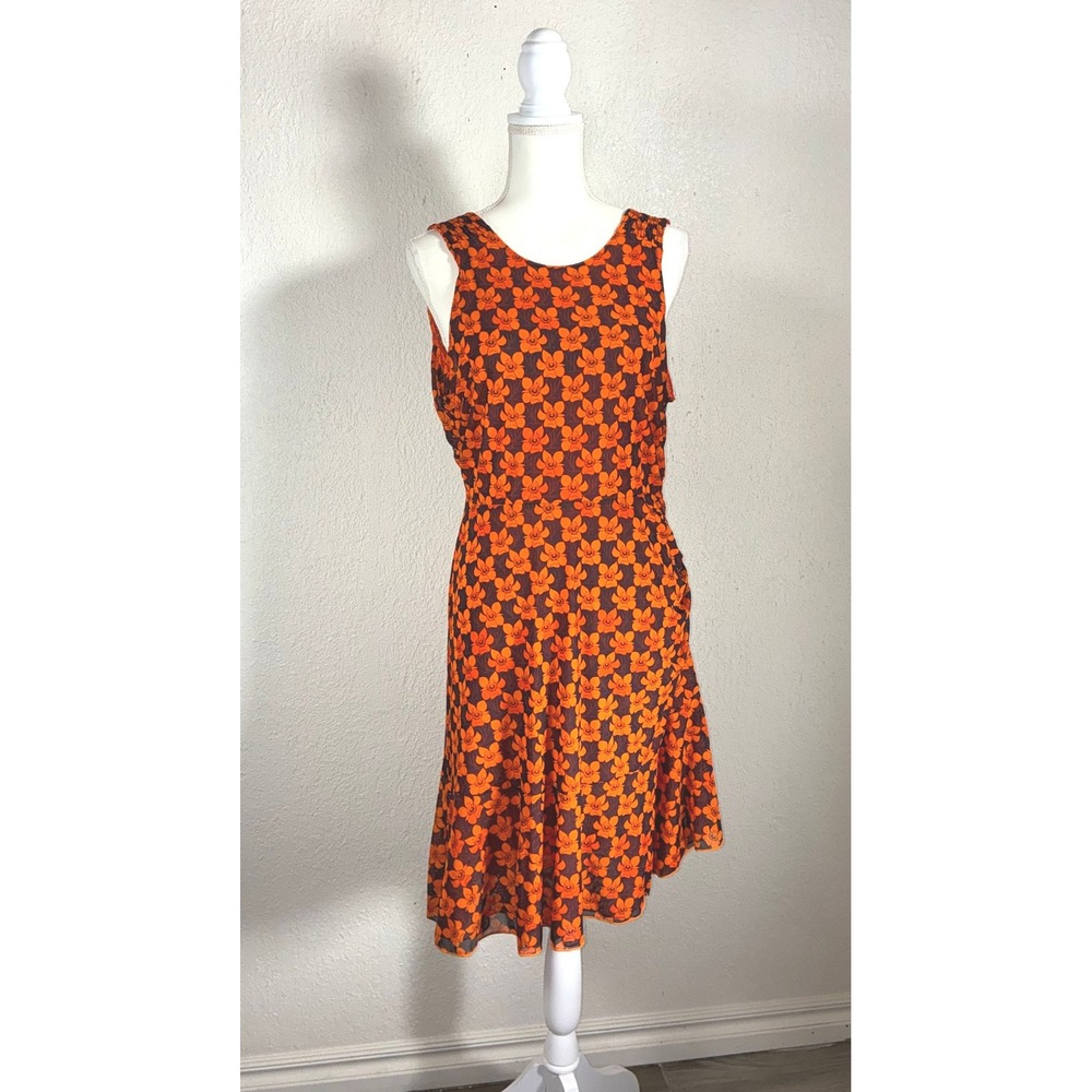 Orange Red Reversible Sleeveless Fit Flare Dress Side Ruched Knee Length Womens